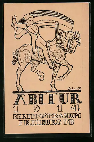 Künstler-AK Freiburg i. B., Absolvia Abitur Berthold-Gymnasium 1914, Reitender Absolvent