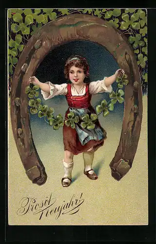 Präge-AK Prosit Neujahr! Mädchen mit Hufeisen