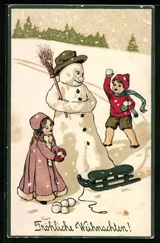 Präge-AK Schneemann mit Kindern und Schlitten