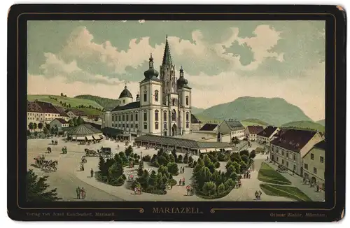 Lithographie Ottmar Zieher, München, Ansicht Mariazell, Blick auf den Platz mit der Wallfahrtskirche