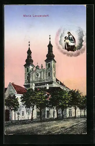 AK Maria Lanzendorf, Abendstimmung an der Kirche