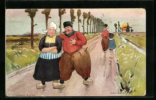 Künstler-AK sign. E. G. Fuller: Menschen in holländischer Tracht spazieren auf einem Feldweg