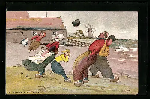 Künstler-AK sign. E. G. Fuller: Menschen in holländischer Tracht bei starkem Wind