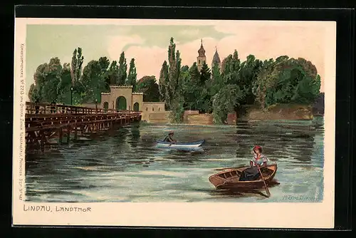 Künstler-AK Zeno Diemer: Lindau, Landtor mit Ruderpartie
