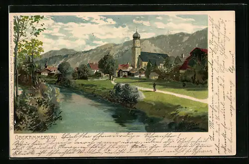 Künstler-AK Zeno Diemer: Oberammergau, Ortsansicht mit Fluss und Kirche