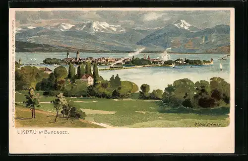 Künstler-AK Zeno Diemer: Lindau /Bodensee, Ortsansicht mit Bergpanorama