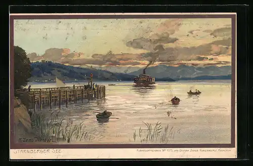 Künstler-AK Zeno Diemer: Starnberger See, Ansicht mit Ausflugsdampfer