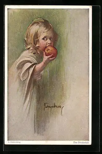 Künstler-AK Ludwig Fahrenkrog: Blondes Mädchen beisst in einen Apfel