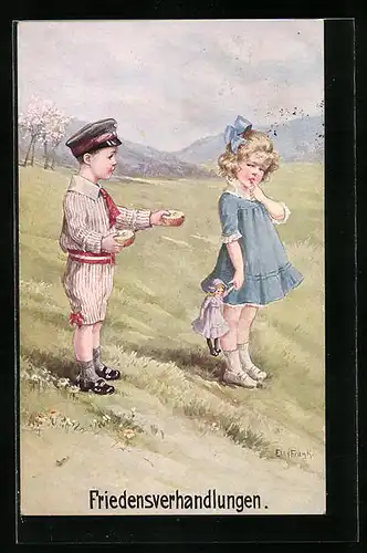 Künstler-AK Elly Frank: Junge bietet Mädchen eine Apfelhälfte an