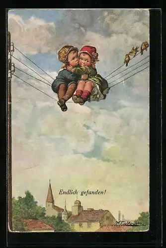 Künstler-AK Wally Fialkowska: Junge und Mädchen auf einer Telegrafenleitung sitzend