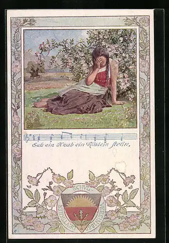 Künstler-AK Karl Friedrich Gsur, Deutscher Schulverein Nr. 92a: Mädchen sitzt auf einer Blumenwiese