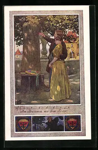 Künstler-AK Karl Friedrich Gsur, Deutscher Schulverein Nr. 375: Paar ritzt ein Herz in einen Baum
