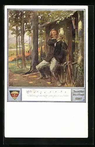 Künstler-AK Karl Friedrich Gsur, Deutscher Schulverein Nr. 556: Mann mit Krug vor einer Waldhütte