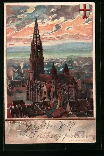 Künstler-AK Heinrich Kley: Freiburg, Ortspartie mit Münster aus der Vogelschau