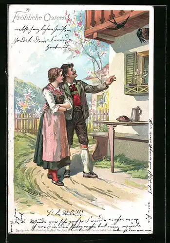 Künstler-AK E. Döcker: Ostergrüsse, Junges Paar beobachtet Schwalben beim Bau eines Nests