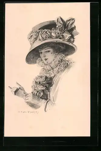 Künstler-AK F. Earl Christy: Edle Dame im hochwertigen Gewand mit grossem Hut