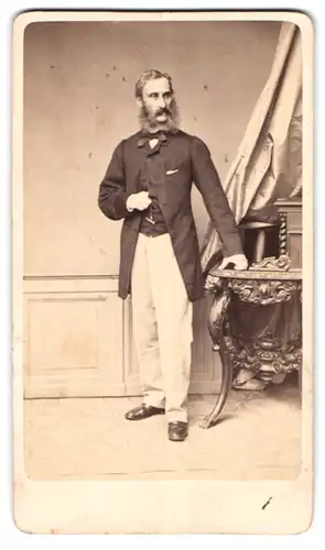 Fotografie G. Ch. Hahn, Dresden, Portrait älterer Herr im Anzug mit buschigem Vollbart und Zylinder auf dem Tisch