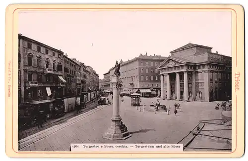 Fotografie Stengel & Co., Dresden, Ansicht Triest, Tergesteo e Borsa vecchia, Cafe Achteck und Strassenbahn