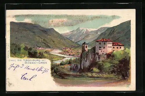 Lithographie Bozen-Gries, Die Haselburg mit Fernansicht