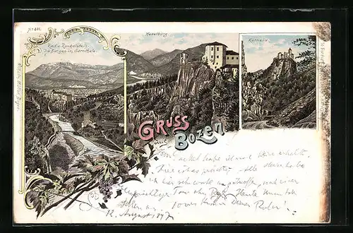 Lithographie Bozen, Fernansichten von Ried und Runkelstein, Haselburg und Burg Karneid