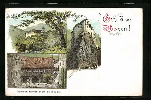 Lithographie Bozen, Versch. Ansichten von Schloss Runkelstein
