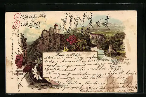 Lithographie Bozen, Schloss Karneid, Ried und Runkelstein