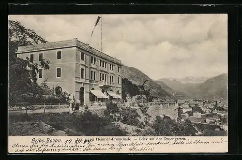 AK Bozen-Gries, Erzherzog Heinrich-Promenade mit Blick auf den Rosengarten