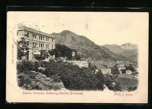 AK Bozen-Gries, Erzherzog Heinrich-Promenade mit Blick auf den Rosengarten