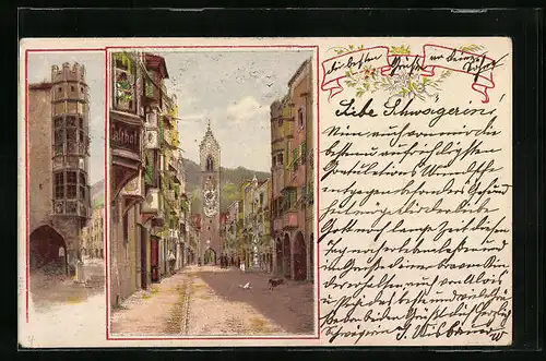 Lithographie Sterzing, Strassenpartie mit verzierten Erkern