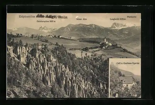 AK Mittelberg a. Ritten, Cafe und Gasthaus Egarterm Erdpiramiden und Gebirgspanorama