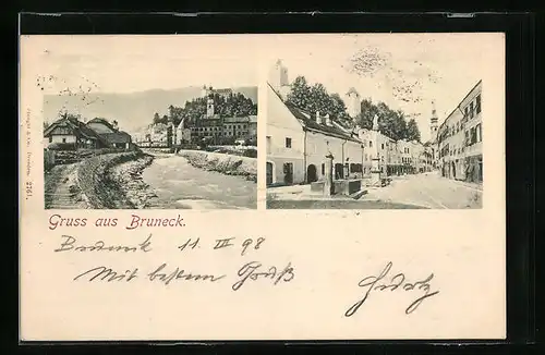 AK Bruneck, Flusspartie und Strassenpartie mit Denkmal