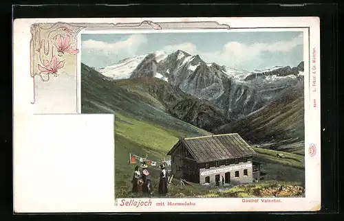 AK Sellajoch, Gasthof Valentini mit Marmolaba