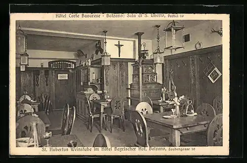 AK Bozen, Hotel Bayrischer Hof, Innenansicht der St. Hubertus Weinstube in der Laubengasse 10