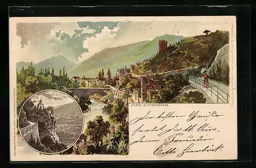 Lithographie Meran, Zenoburg und Gilfpromenade