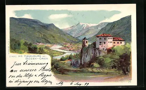 Lithographie Bozen-Gries, Die Haselburg mit Blick nach Bozen