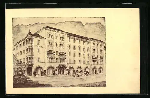 Künstler-AK Bolzano, Hotel Posta mit Auto
