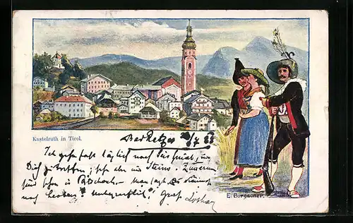 Künstler-AK Kastelruth, Ortsansicht mit Kastelruther in Tracht
