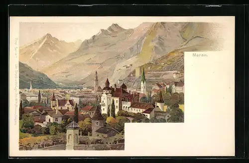 Lithographie Meran, Totalansicht mit Kirche