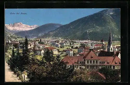 AK Gries bei Bozen, Ortsansicht mit Bergen im Hintergrund