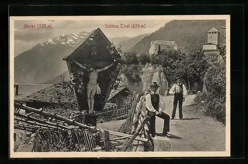 AK Meran, Schloss Tirol und zwei Männer in Tracht