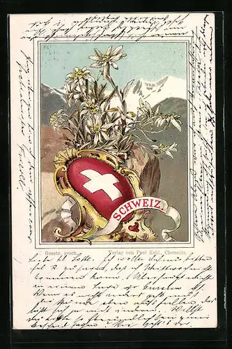 Lithographie Schweiz, Edelweiss mit Wappen