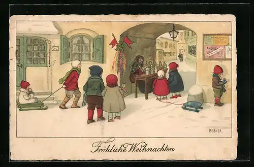 Künstler-AK Pauli Ebner: Kinder am Stand einer Marktfrau