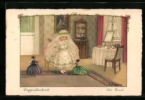 Künstler-AK Pauli Ebner: Puppenhochzeit, Puppen kleiden die Braut an