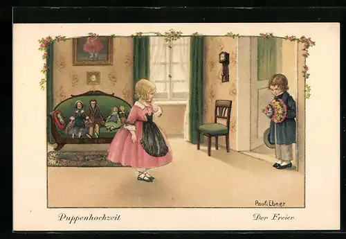 Künstler-AK Pauli Ebner: Puppenhochzeit, Freier mit Blumenstrauss