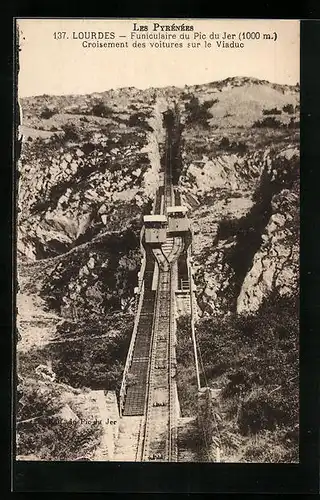 AK Lourdes, Les Pyrénées, Funiculaire du Pic du Jer, Croisement des voitures sur le Viaduc