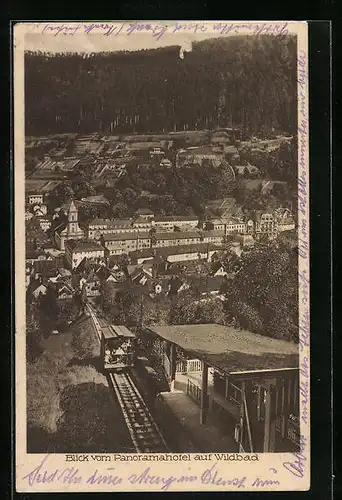 AK Wildbad, Blick vom Panroamahotel auf den Ort mit Bergbahn