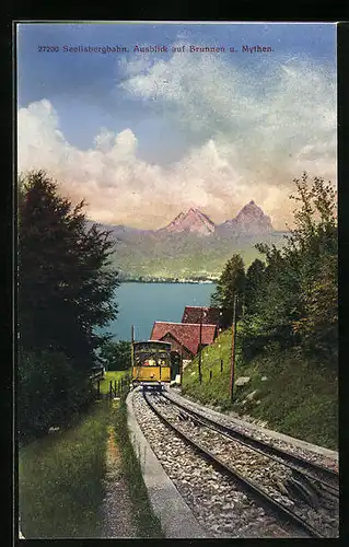 AK Brunnen, Seelisbergbahn mit Ausblick auf den Ort und Mythen