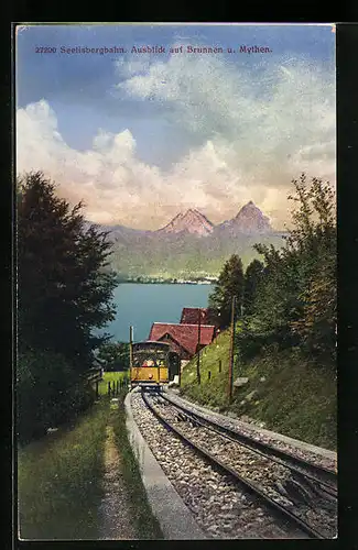 AK Brunnen, Seelisbergbahn mit Ausblick auf den Ort und Mythen
