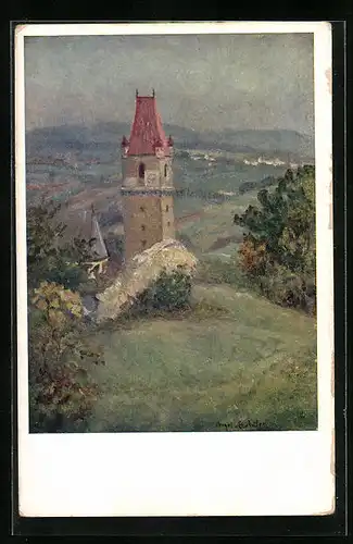 AK Deutscher Schulverein Nr. 1320: Turm in hügeliger Landschaft