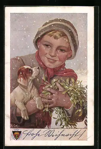 AK Deutscher Schulverein Nr. 736: Frohe Weihnacht, Junge mit Hund und Mistelzweig